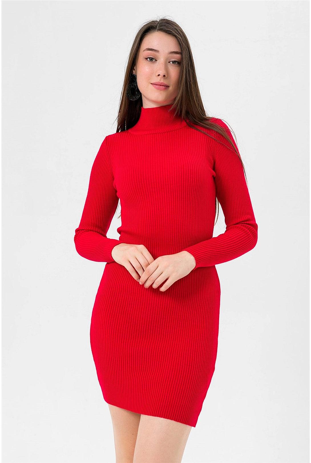 Red Turtleneck Knitted Mini Sweater Dress for Women