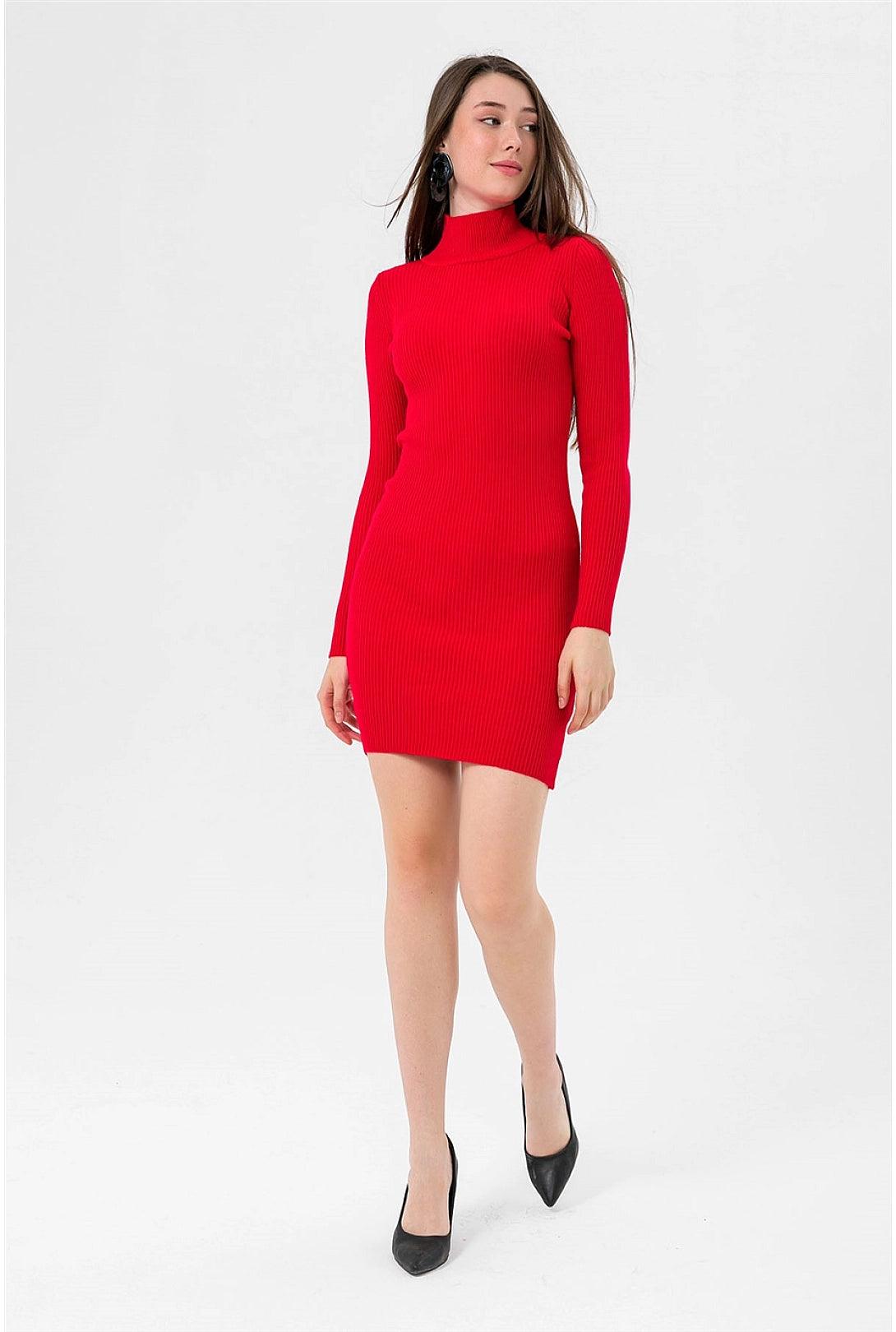 Red Turtleneck Knitted Mini Sweater Dress for Women