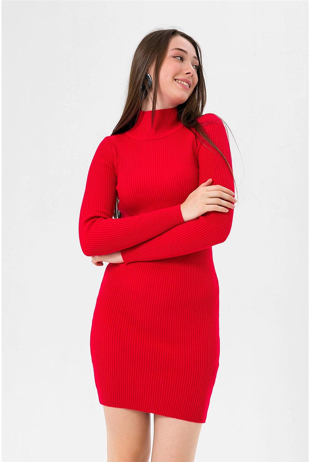 Red Turtleneck Knitted Mini Sweater Dress for Women