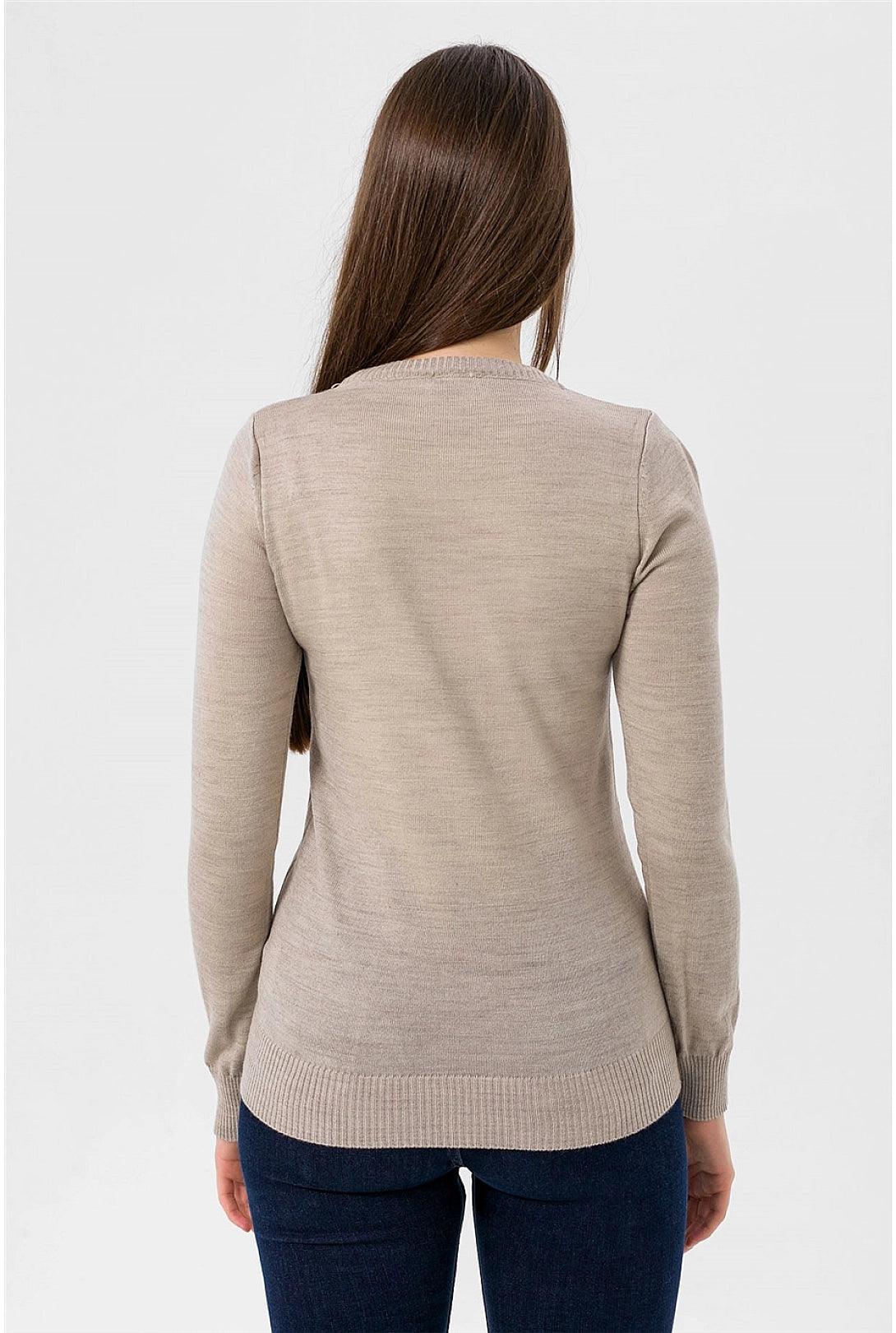 Women's Beige Crew Neck Knitwear Sweater | Timeless and Elegant Jumper