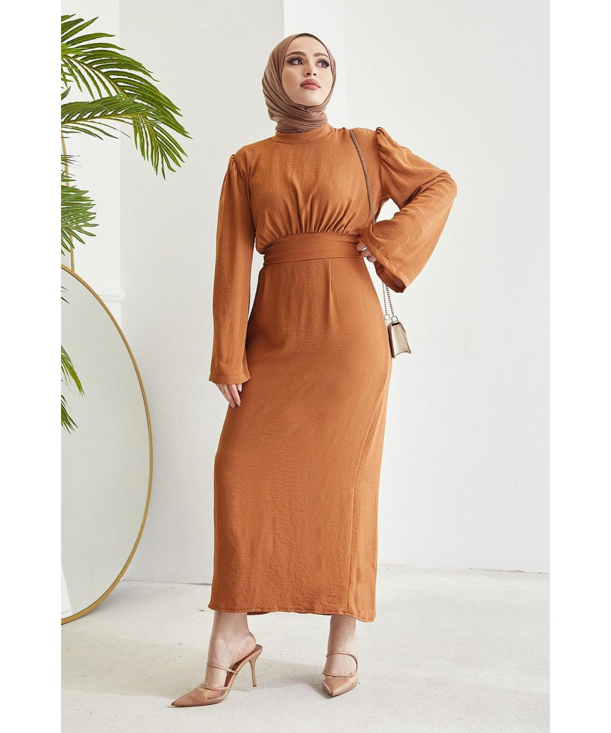 Orange Belted Abaya Dress for for Eid Fashion
