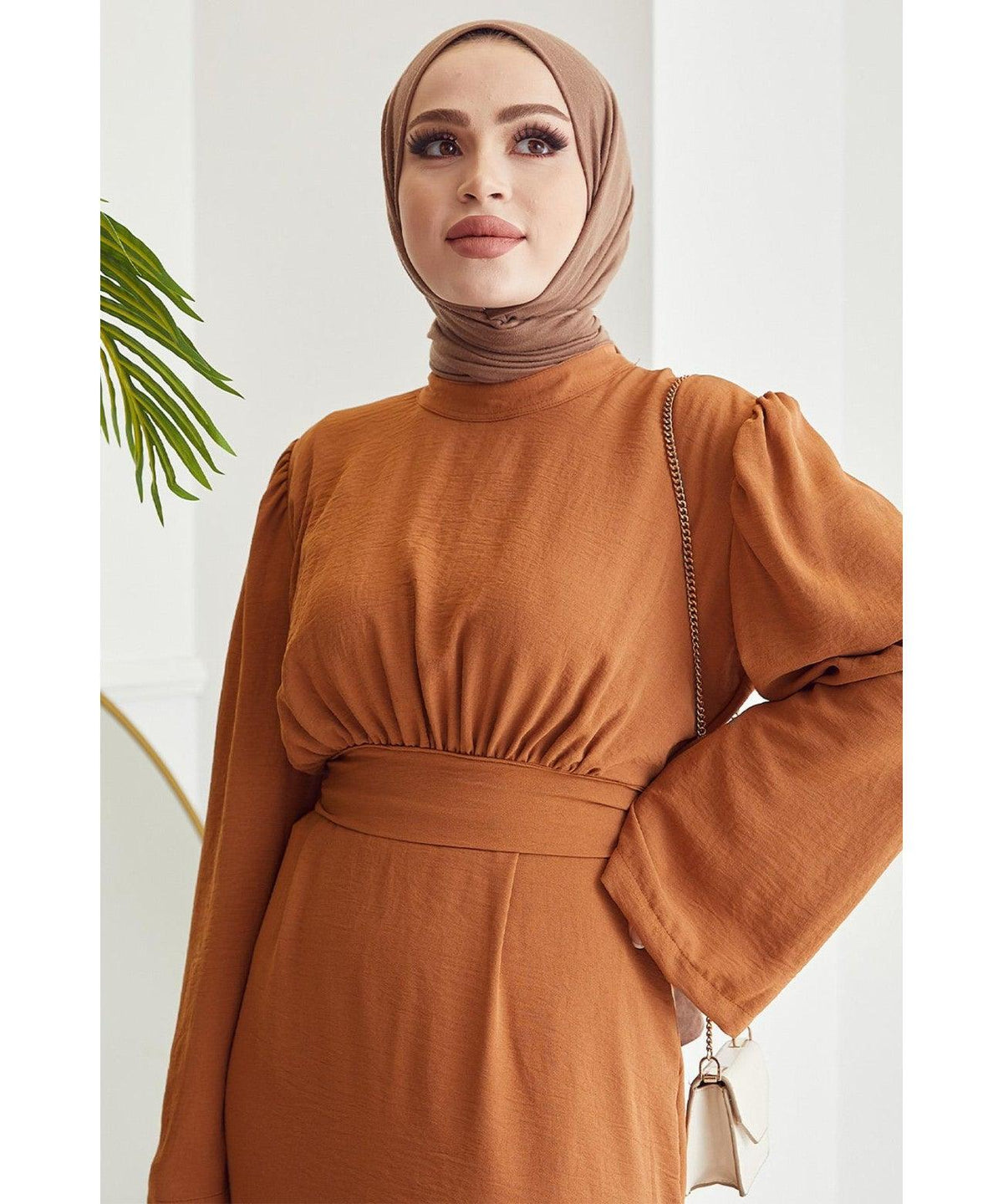 Orange Belted Abaya Dress for for Eid Fashion