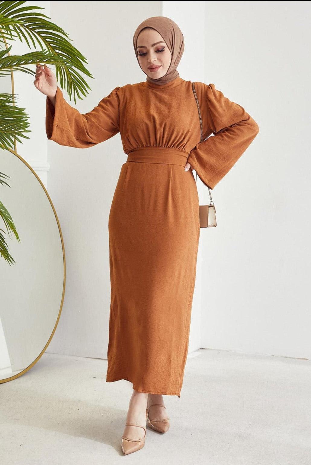 Orange Belted Abaya Dress for for Eid Fashion