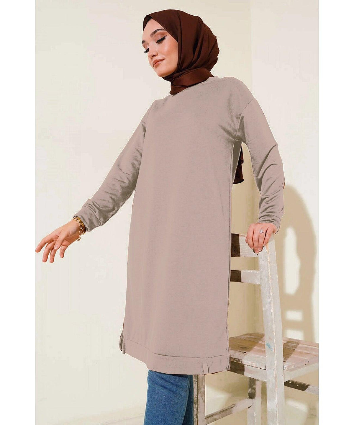 Long Tunic with Side Slits - Mink Grey