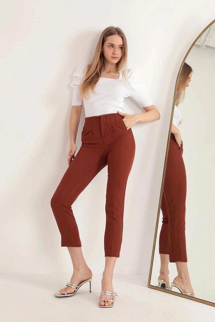 Pleated Pants for Women - Brown