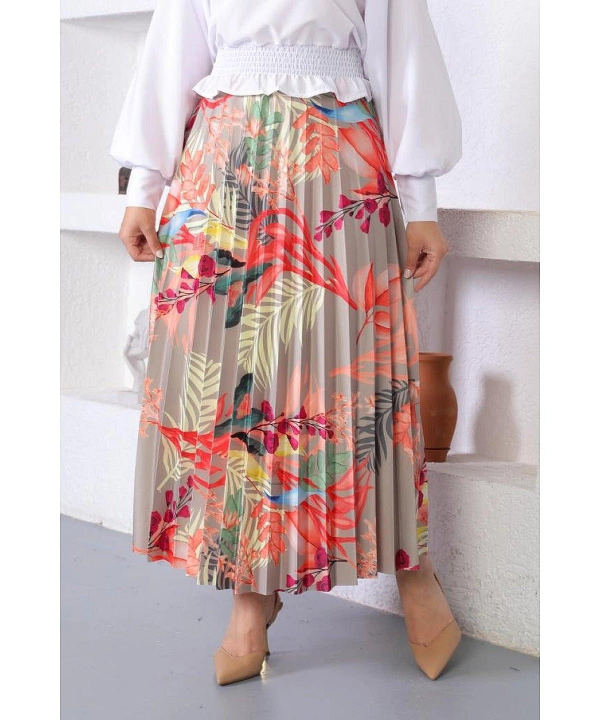 Floral Patterned Womens Pleated Long Skirt - Maxi Skirt