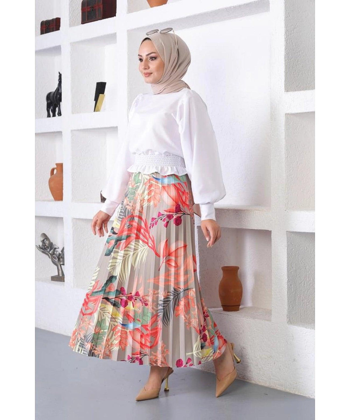 Floral Patterned Womens Pleated Long Skirt - Maxi Skirt