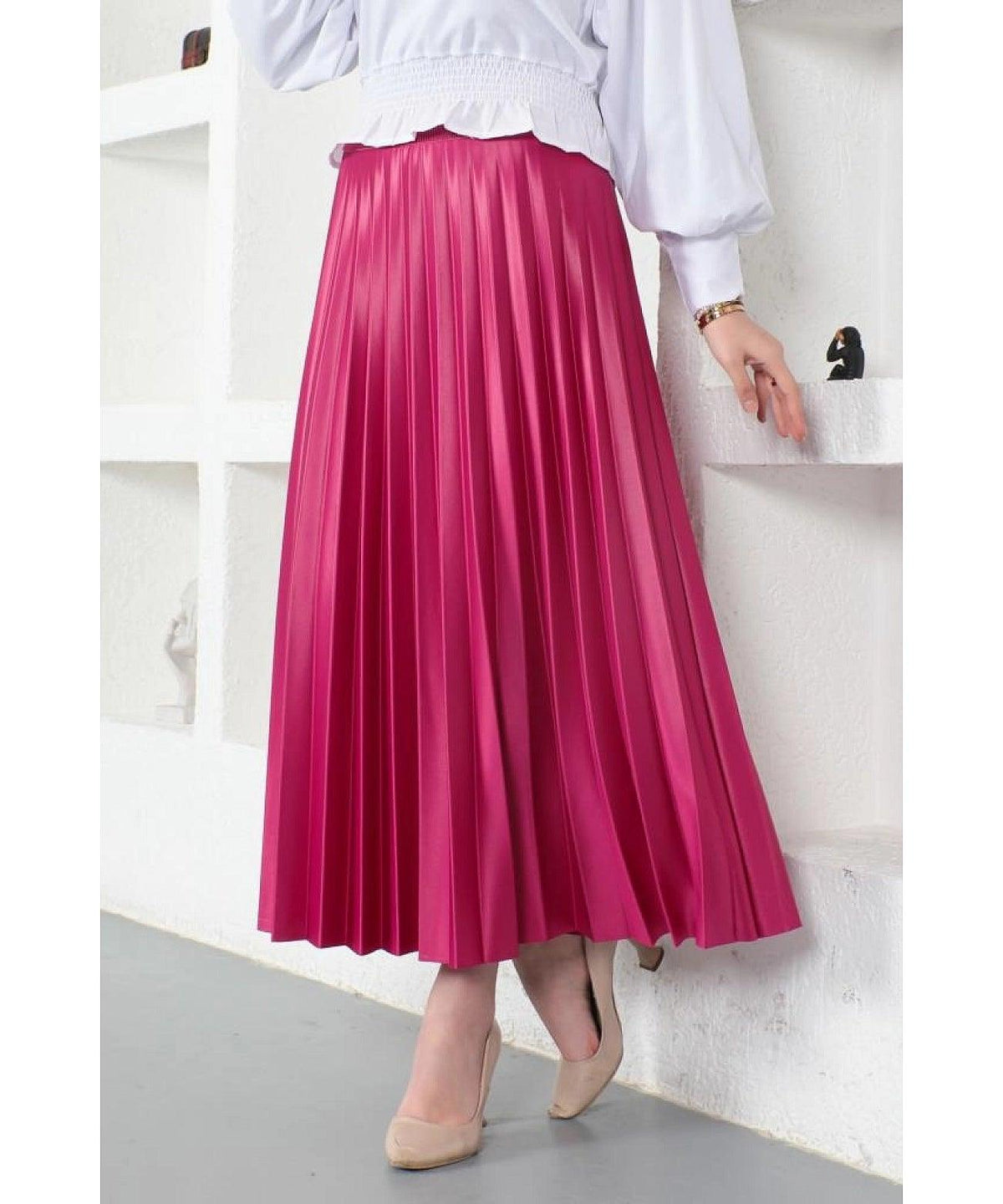 Womens Pleated Maxi Long Skirt - Fuschia Pink