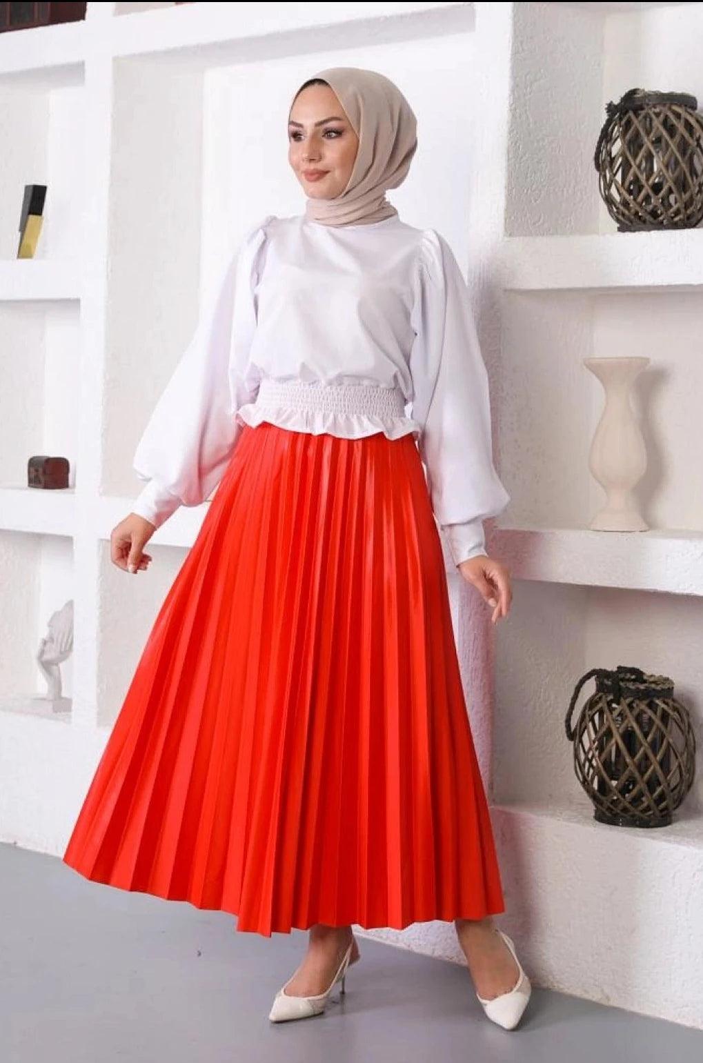 Pleated Long Maxi Skirt for Women - Red