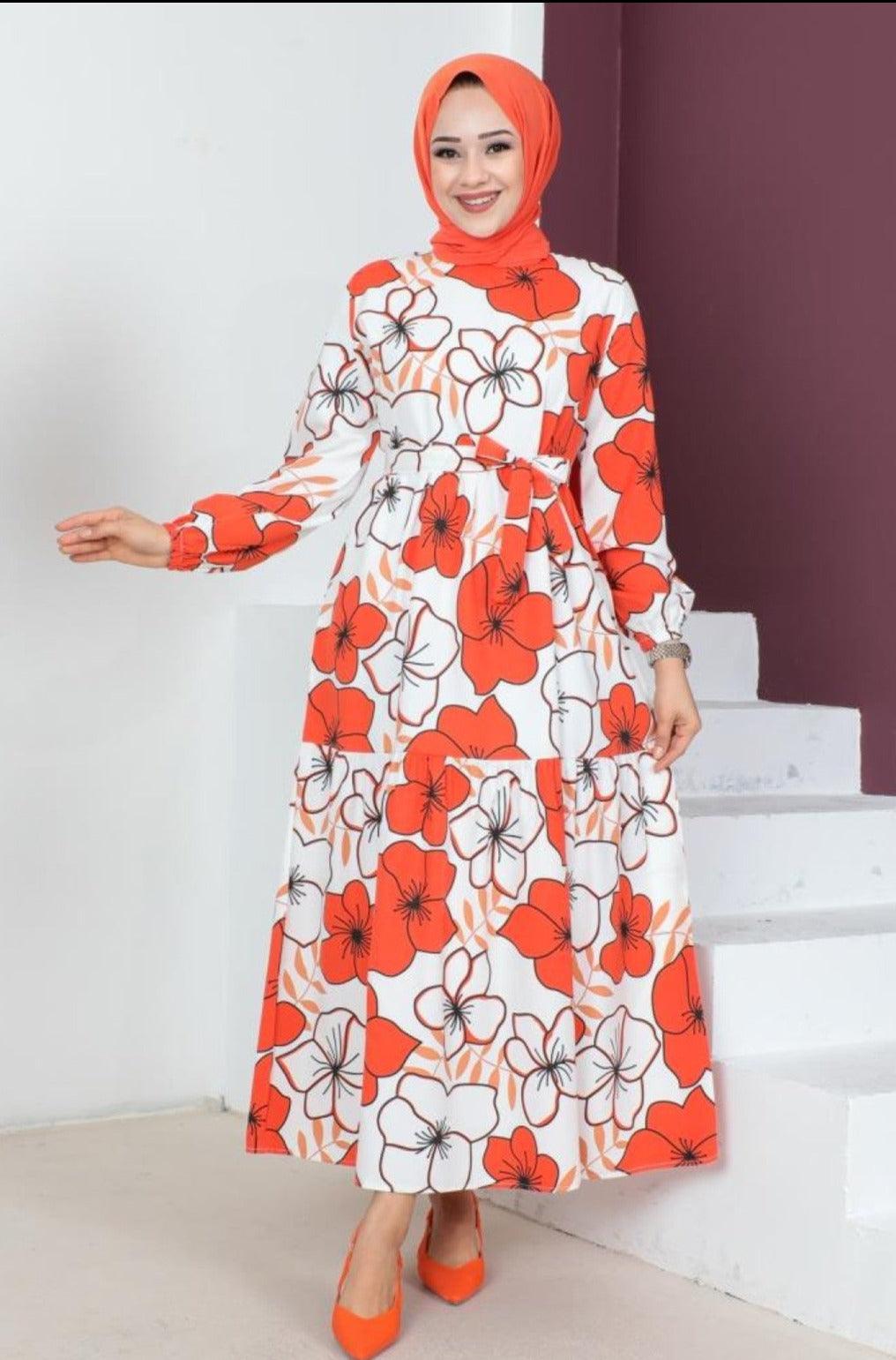 Flower Patterned Long Dubai Abaya Dress - Orange