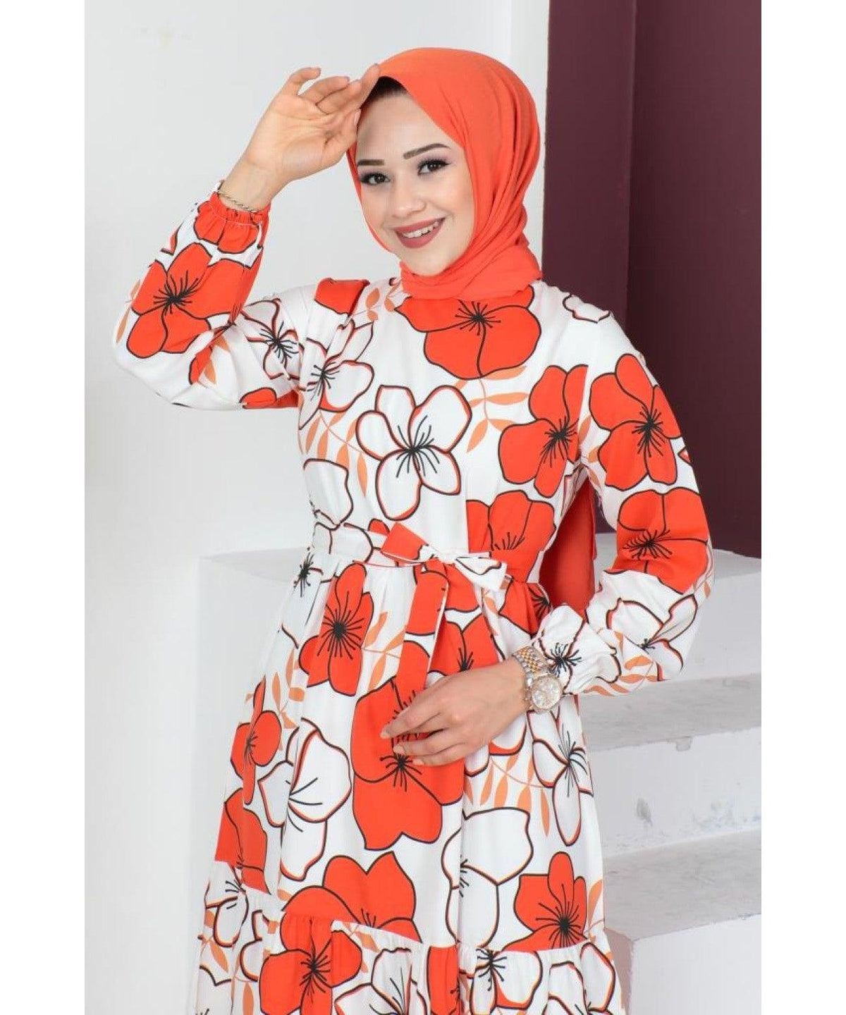 Floral Patterned Long Dubai Abaya Dress for Muslim Women