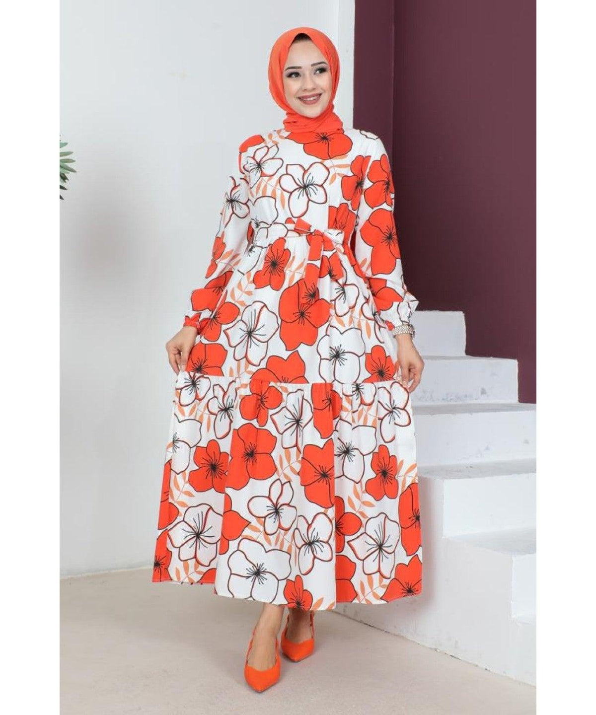 Flower Patterned Long Dubai Abaya Dress - Orange