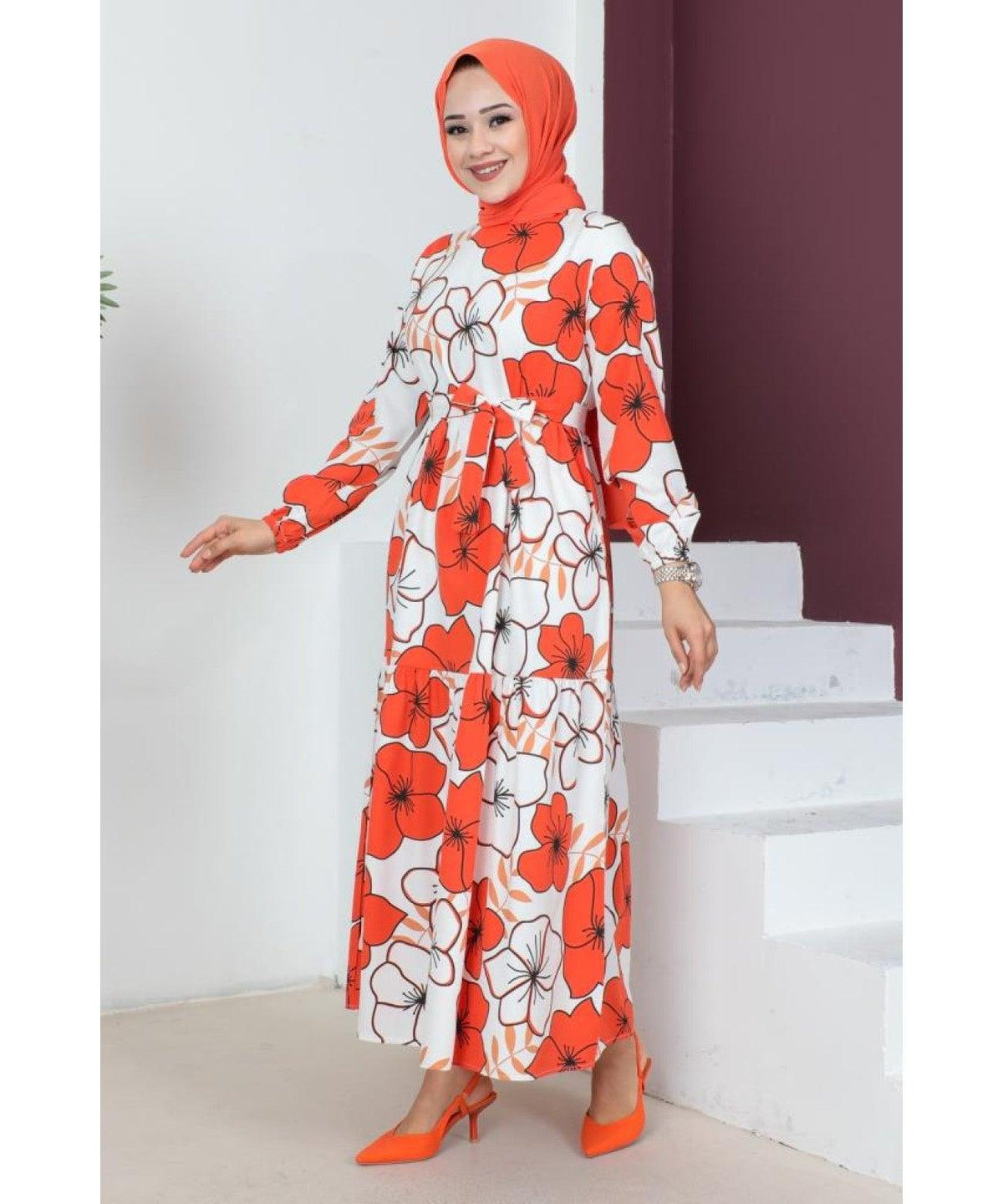 Floral Patterned Long Dubai Abaya Dress for Muslim Women