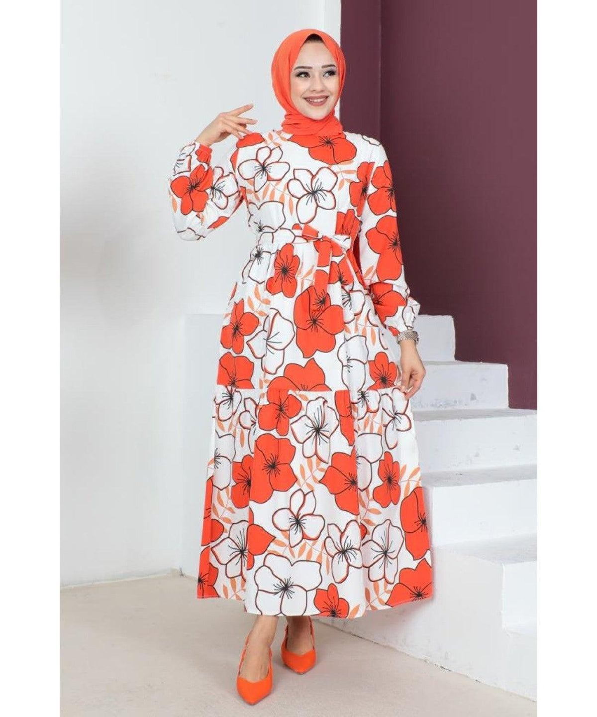 Floral Patterned Long Dubai Abaya Dress for Muslim Women