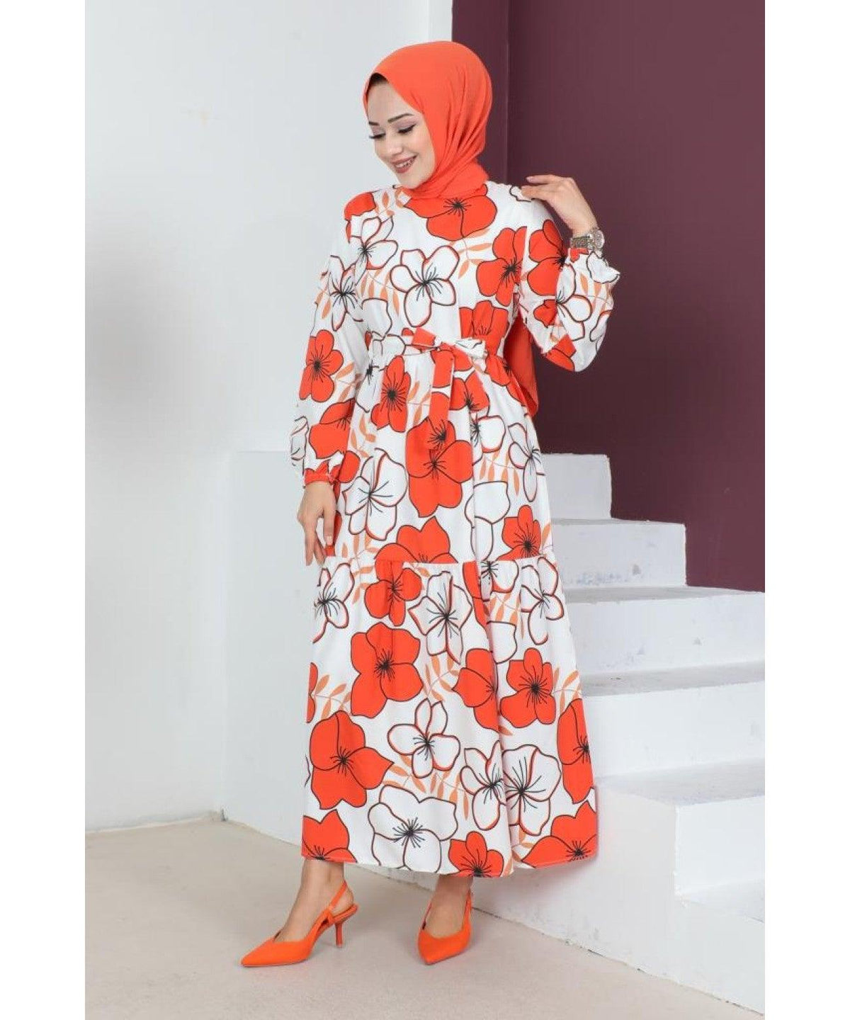 Floral Patterned Long Dubai Abaya Dress for Muslim Women