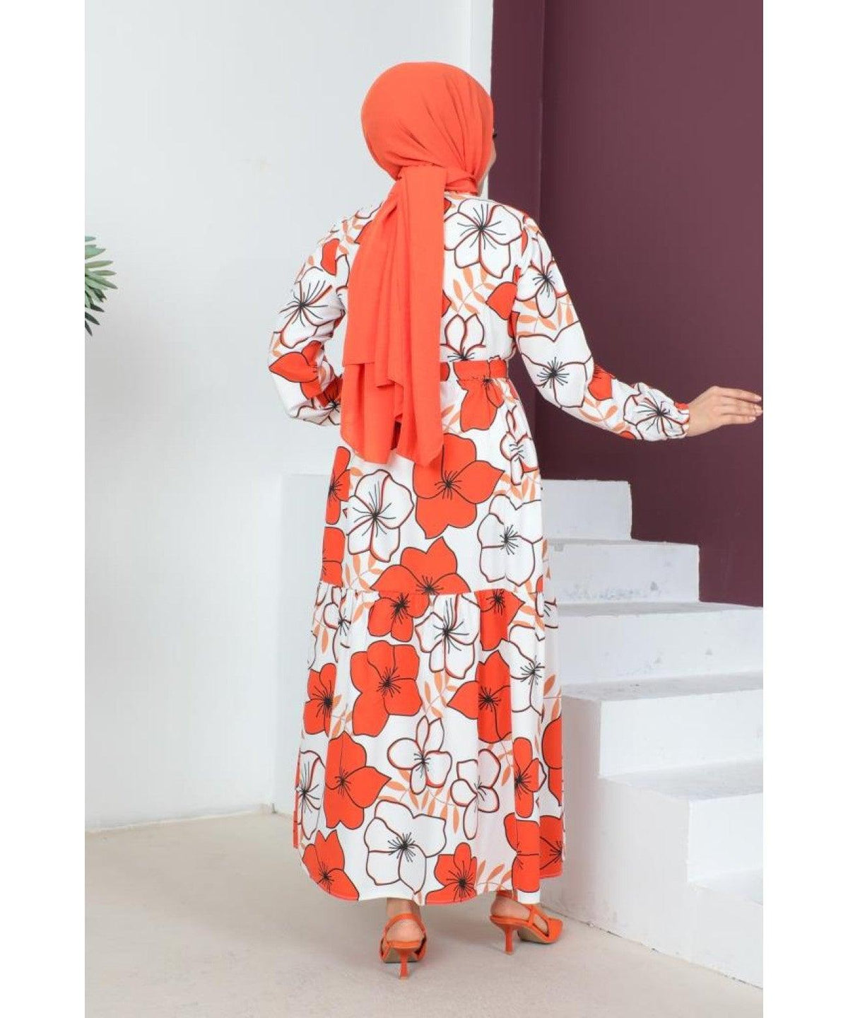 Flower Patterned Long Dubai Abaya Dress - Orange