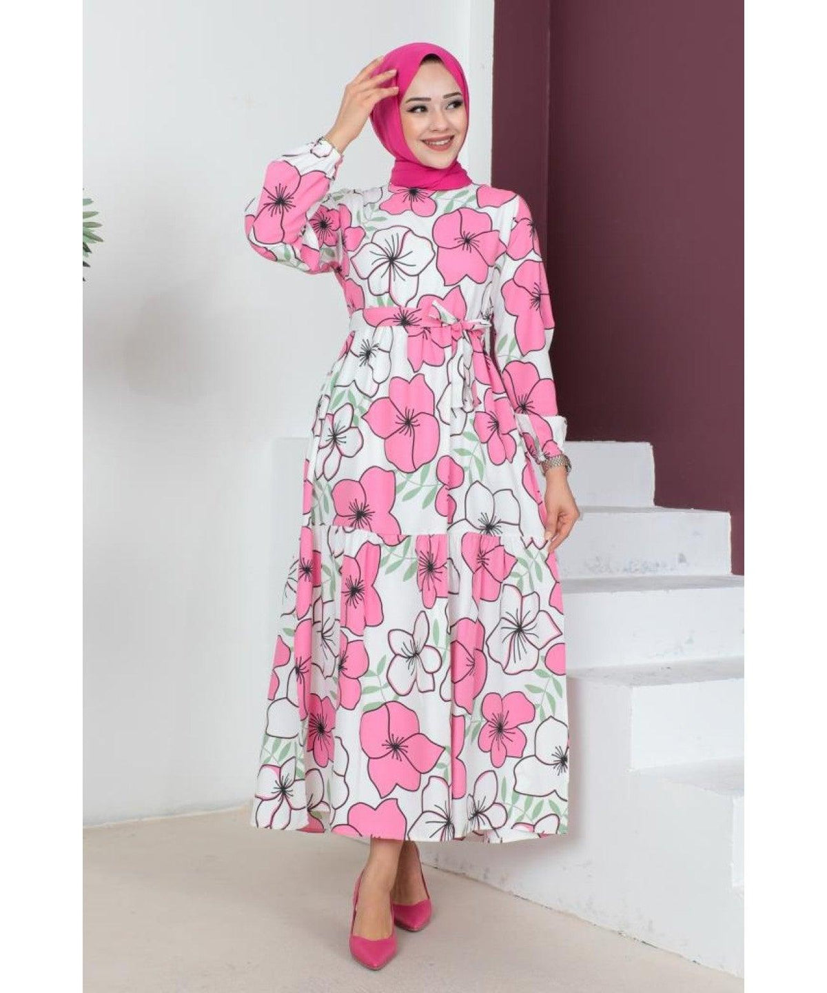 Floral Patterned Long Dubai Abaya Dress - Pink