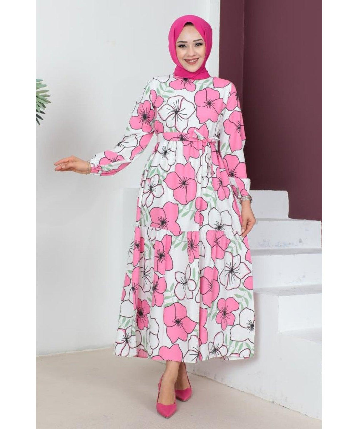 Floral Patterned Long Dubai Abaya Dress - Pink