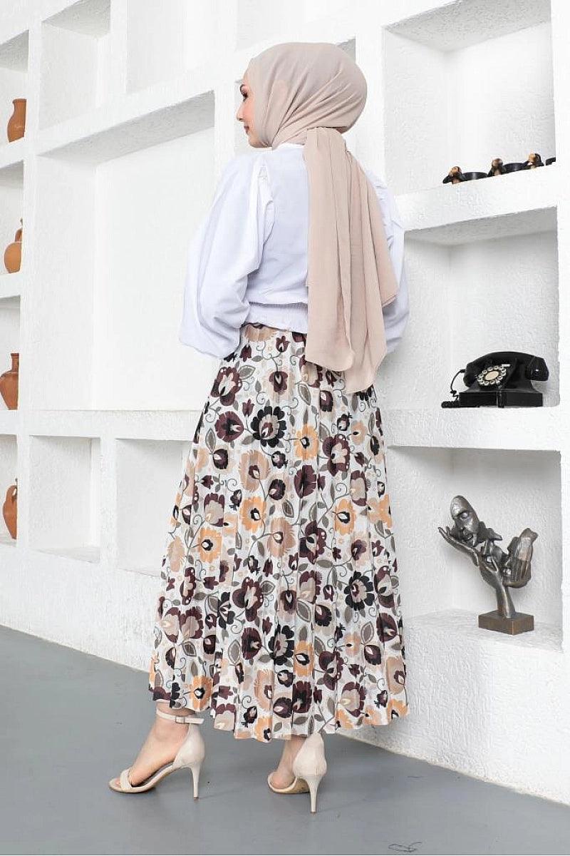 Floral Patterned Pleated Long Maxi Skirt - Beige