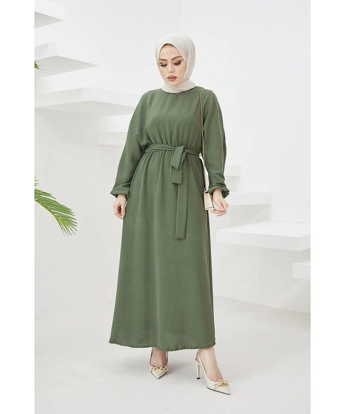 Modest Long Dubai Abaya Dress - Khaki