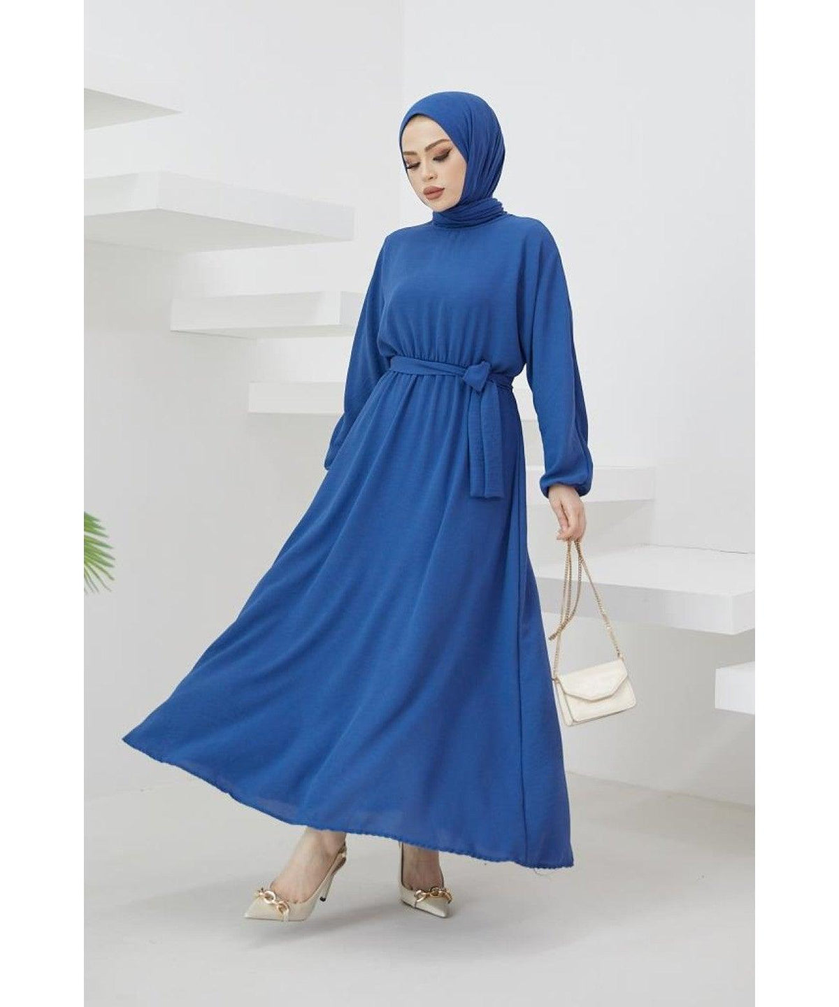 Long Turkish Eid Belt Abaya Dress for Muslim Women