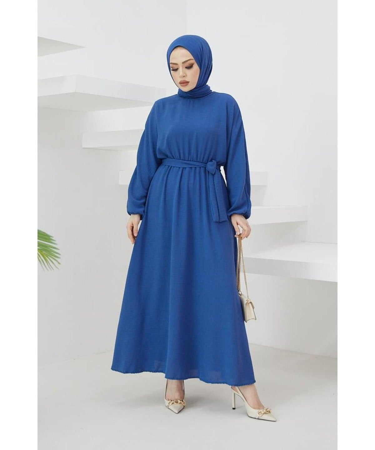 Long Turkish Eid Belt Abaya Dress for Muslim Women