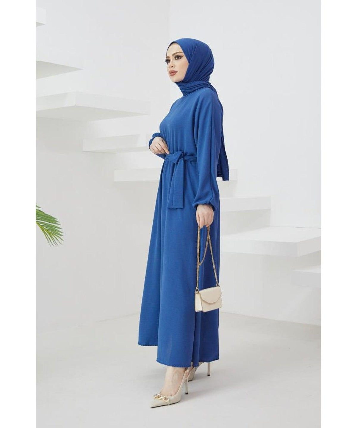 Long Turkish Eid Belt Abaya Dress for Muslim Women