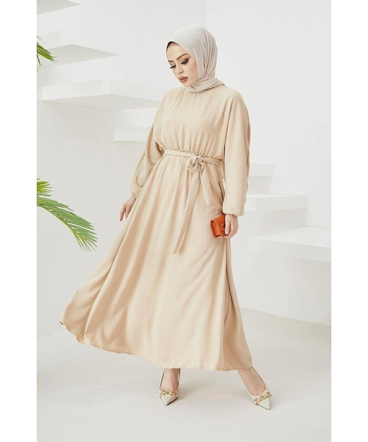 Elegant Long Turkish Abaya Dress - Creamy Beige
