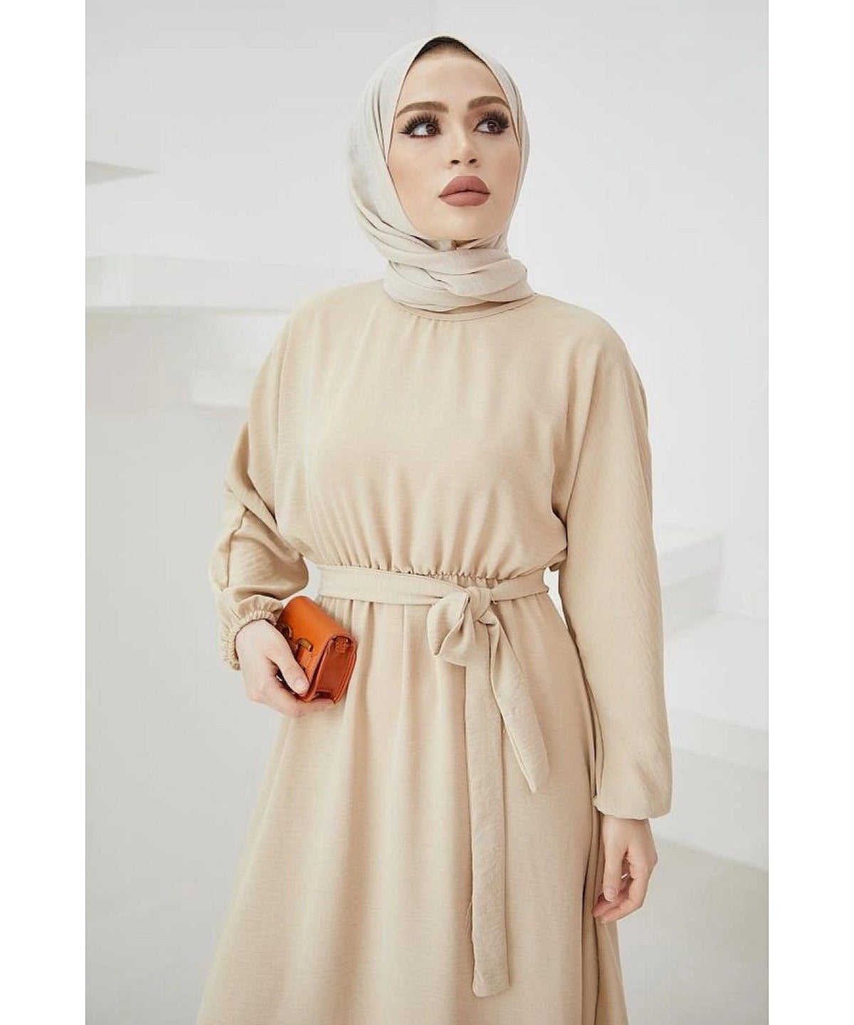 Elegant Long Turkish Abaya Dress - Creamy Beige