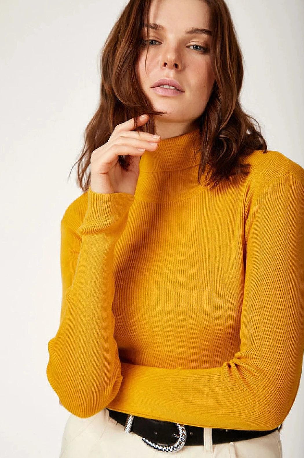 Womens Turtleneck Knitted Sweater- Mustard