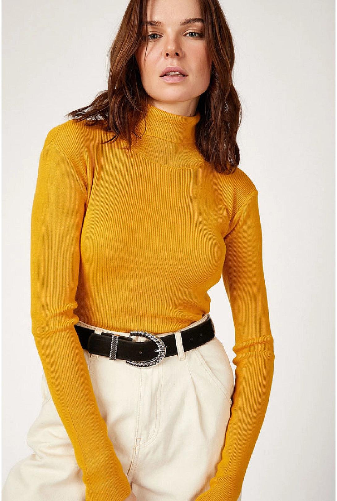 Womens Turtleneck Knitted Sweater-  Mustard