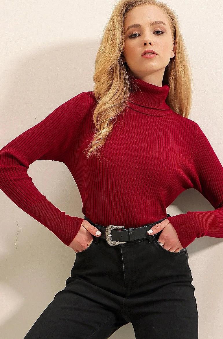 Womens Turtleneck Sweater Knitwear - Red