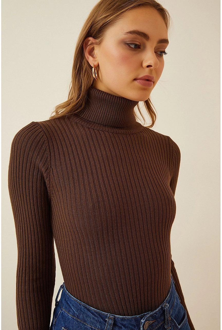 Womens Turtleneck Knitted Sweater - Dark Brown
