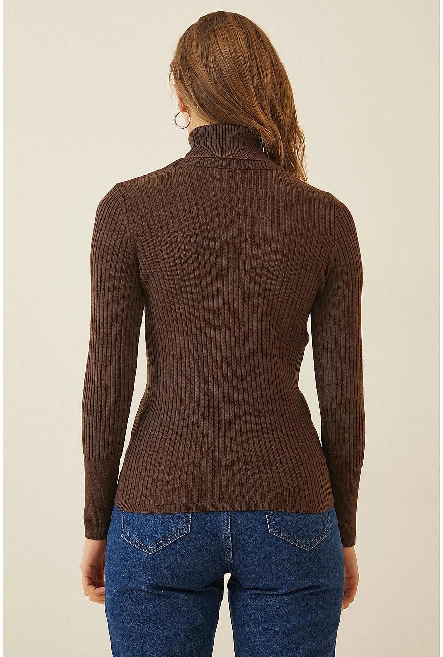 Womens Turtleneck Knitted Sweater - Dark Brown