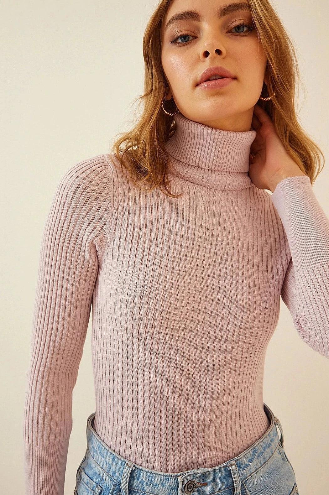 Elegant Turtleneck Knitwear Sweater Top - Powder Pink