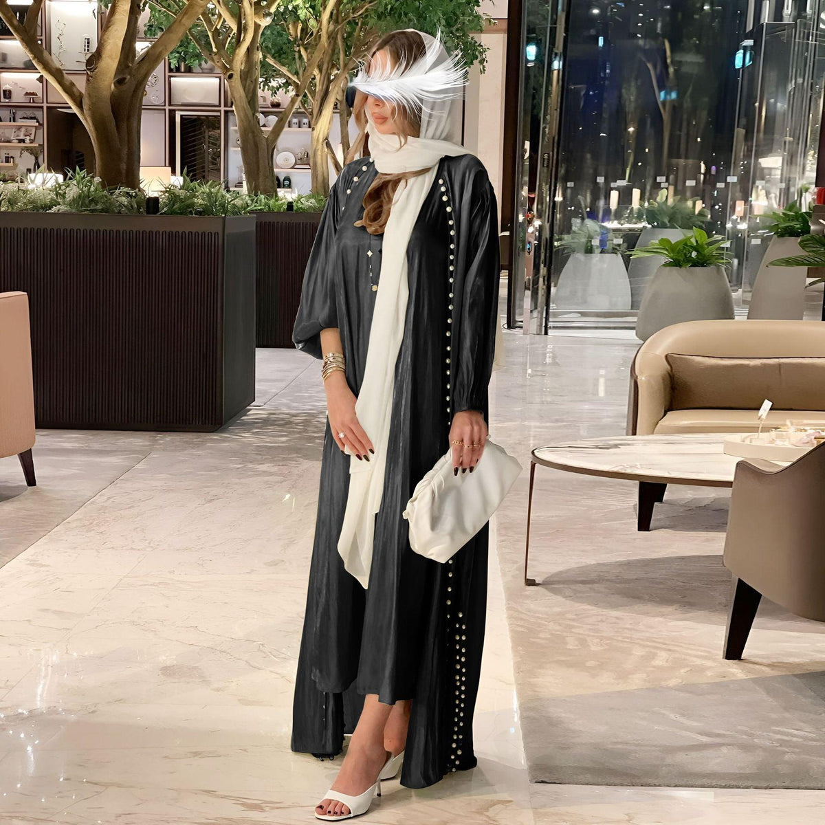 2-Piece Satin Beaded Open Abaya Dress with Inner Sleeveless Dress