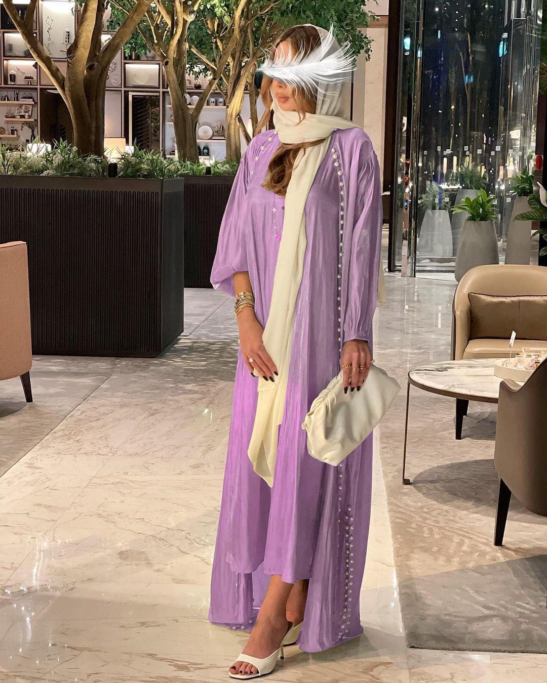 On sale - 2 Piece Luxury Open Abaya Dress - 7 Colours - Free