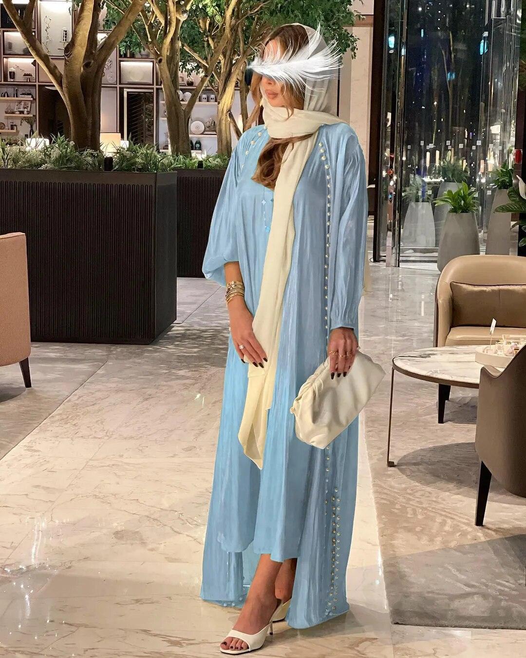 On sale - 2 Piece Luxury Open Abaya Dress - 7 Colours - Free