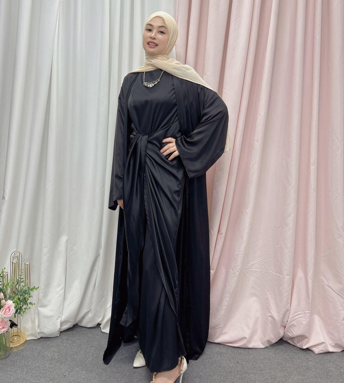 On sale - 2 Piece - Satin Abaya Dress + Inner Abaya - 3
