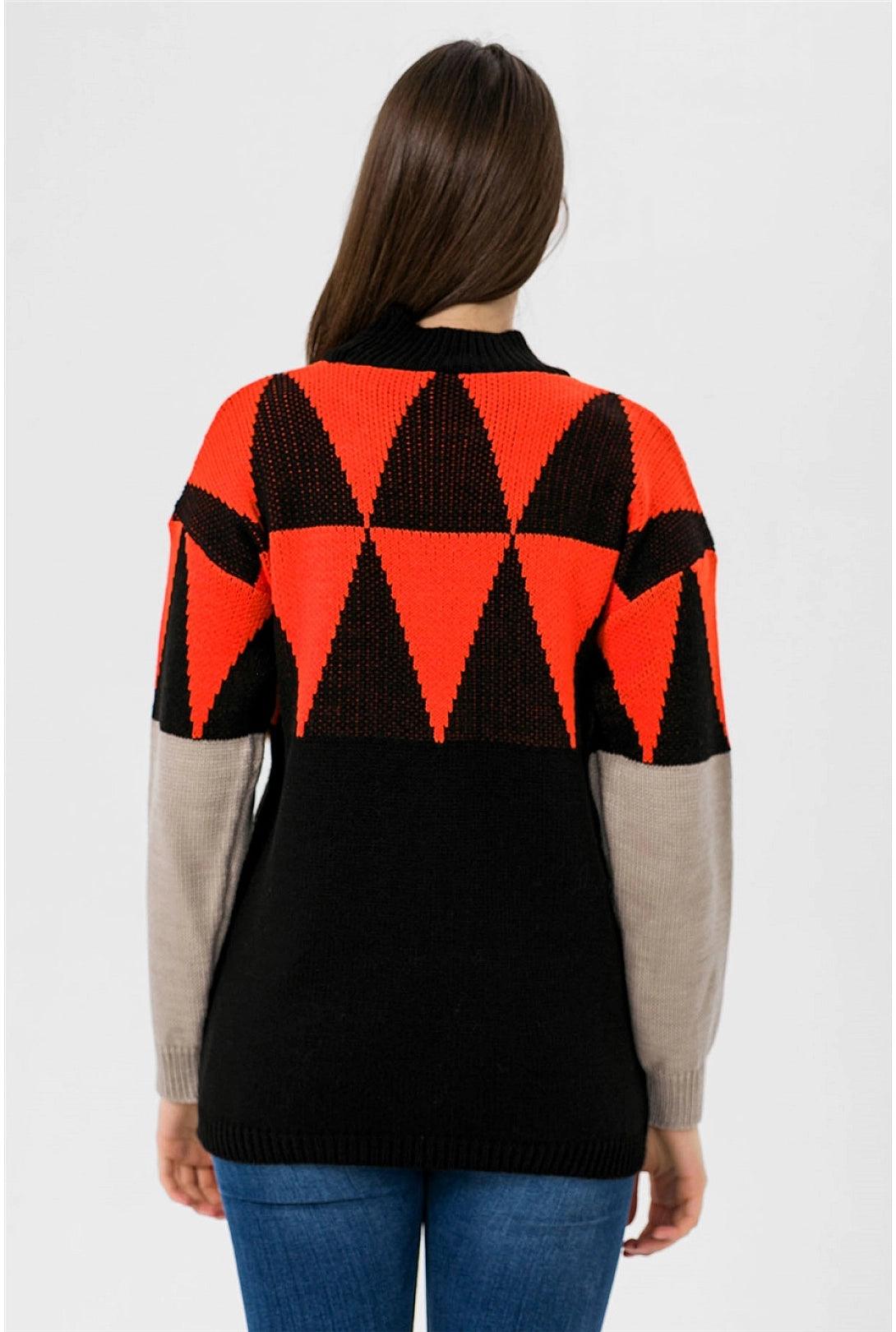 Triangle Patterned Womens Crew Neck Knitwear Sweater