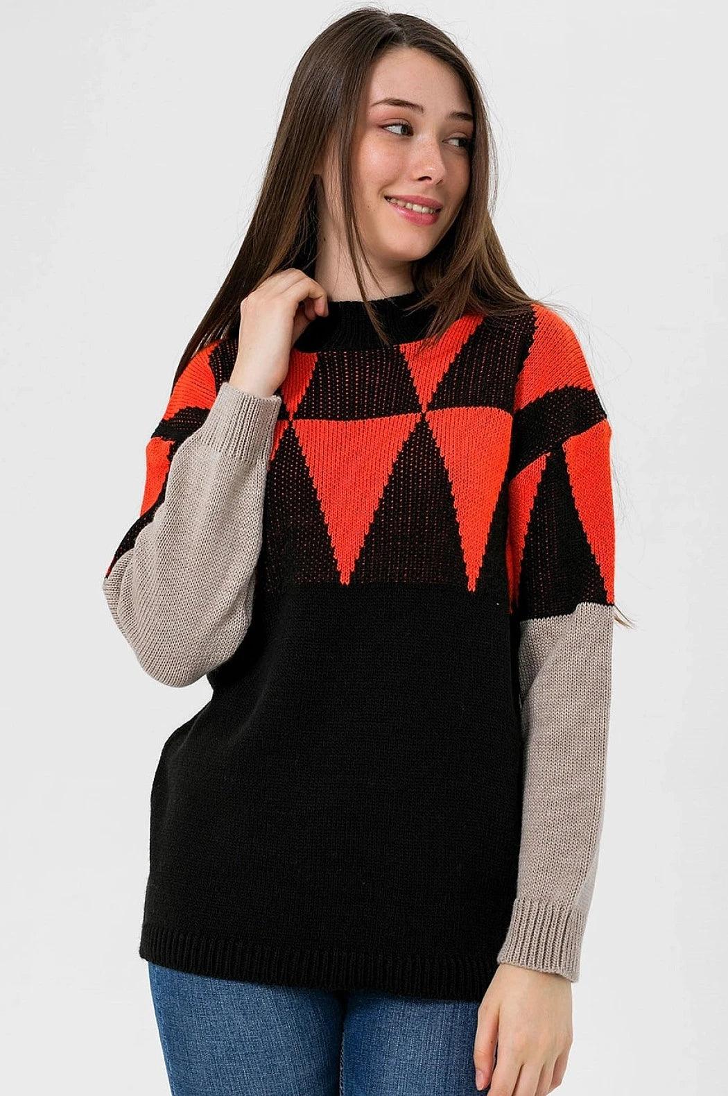 Triangle Patterned Womens Crew Neck Knitwear Sweater