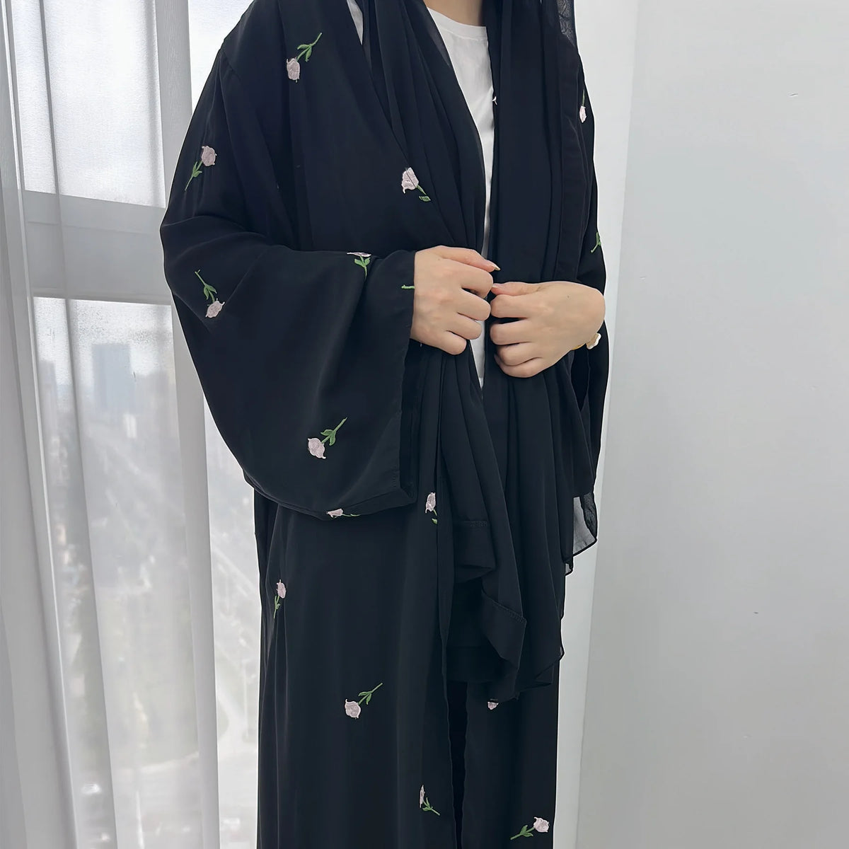 Black Embroidery Kimono Cardigan Abaya