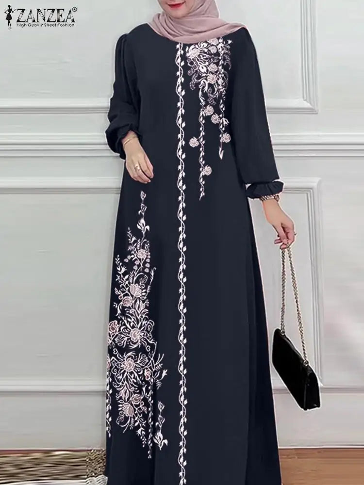 Casual Long Sleeve Floral Print Abaya