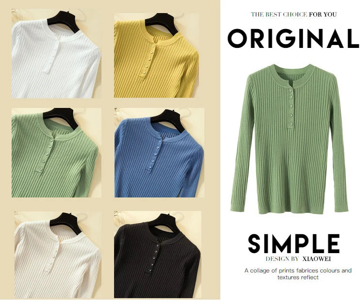 Button Basic Slim Knitted Pullover Sweater