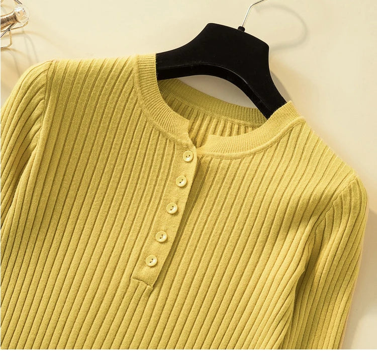 Button Basic Slim Knitted Pullover Sweater