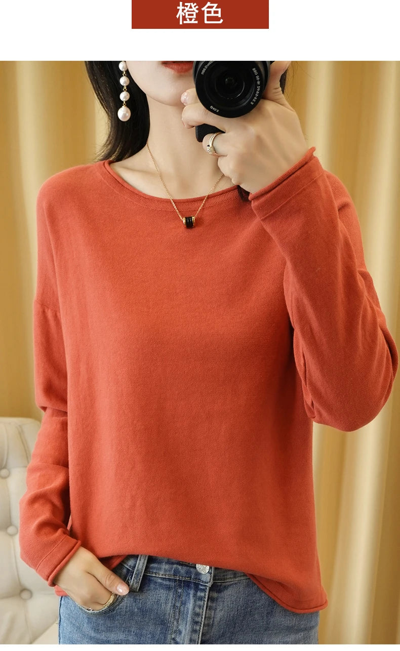 Cotton O-Neck Pullover Knit Sweater