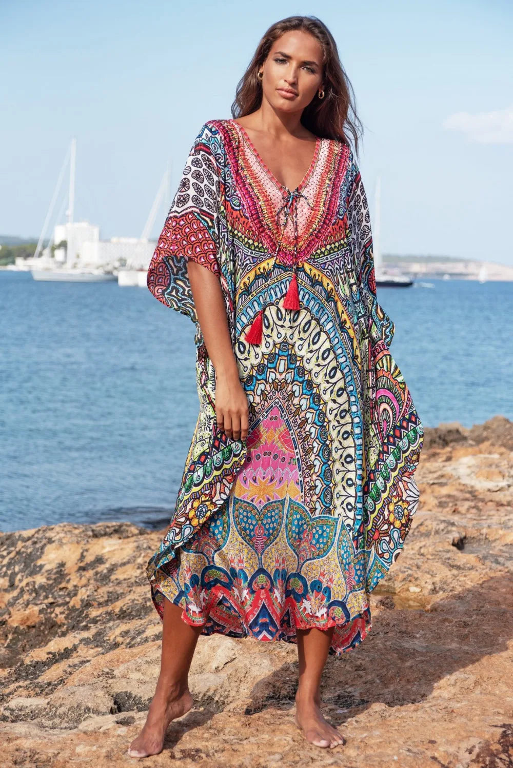 Boho Quick-drying Long Kaftan Burkini Cover-up Plus Size Summer Beachwear