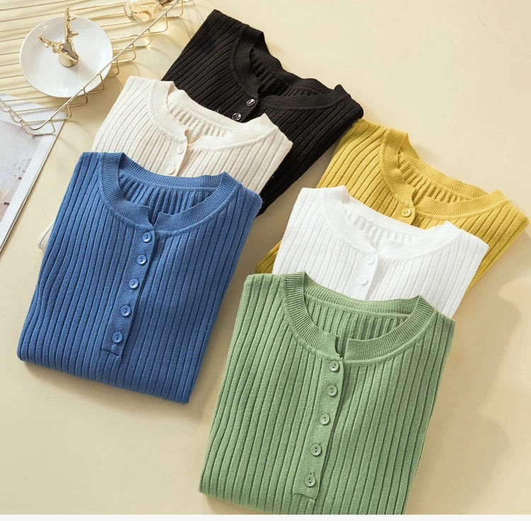 Button Basic Slim Knitted Pullover Sweater