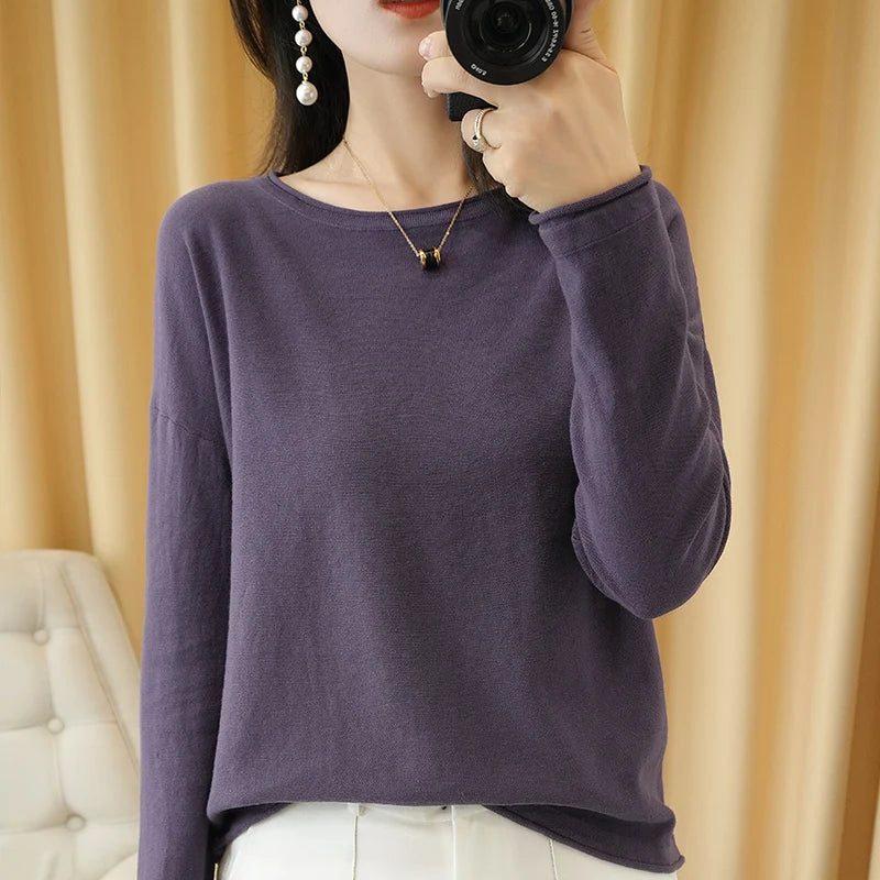 Cotton O-Neck Pullover Knit Sweater