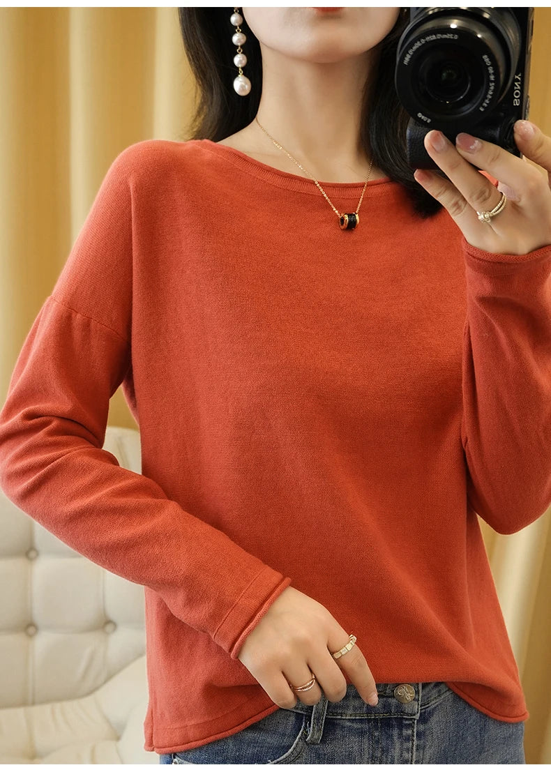 Cotton O-Neck Pullover Knit Sweater